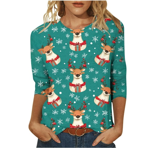 Byworldtasic Christmas Shirts for Women Plus Size Funny Printed 3/4 Sleeve Tops Round Neck Pullover Blouses S-5XL