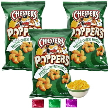 Chester's Poppers Jalapeno Cheese Whirls, Cheesy & Spicy Flavored Corn Snacks Chips, On the Go Snacking Movie Night Party Snacks 2 oz 3 Packs w/ Bonus Snoep in Beperkte Oplage