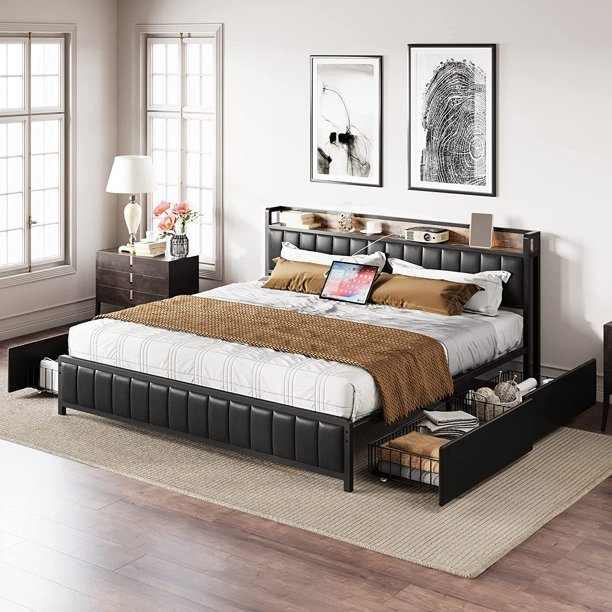 ANCTOR King Bed Frame with Storage Drawers and Upholstered Platform Bed