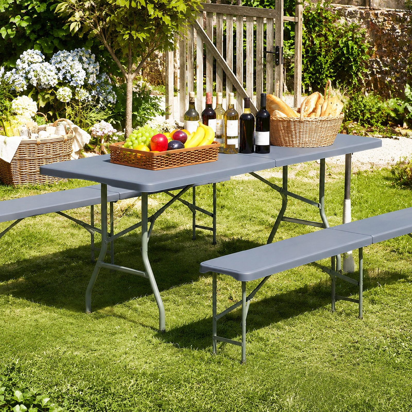 Vebreda 6 Foot Portable Folding Table with HDPE Tabletop and Fold in Half Design and Carry Handle for Picnic Party and Outdoor Events, Gray