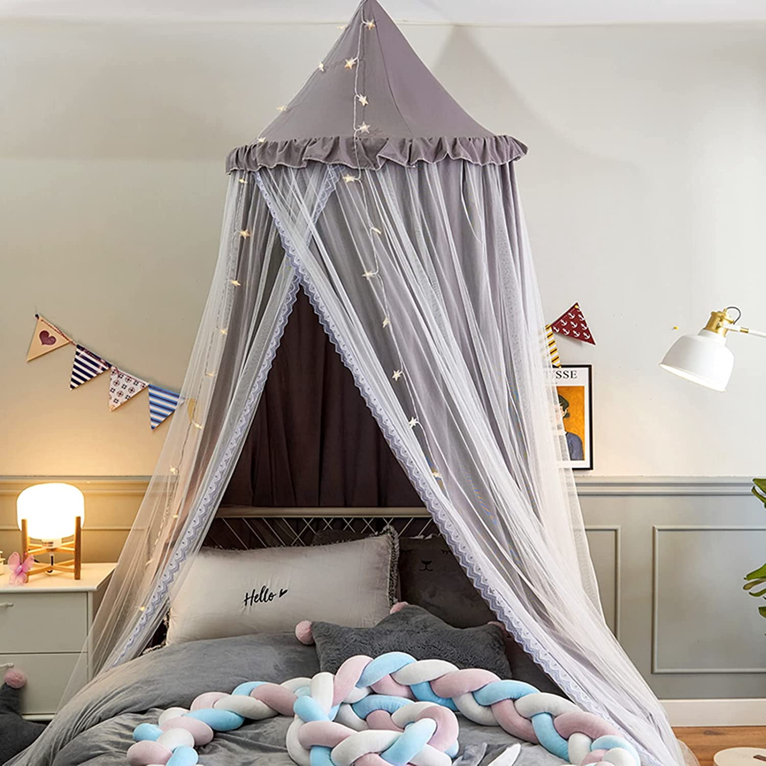 Bed Canopy Double Layer Princess Round Dome Dreamy Mosquito Net Bedding Girls Room Castle Play Tent Hanging House Decor Reading Nook Canopies(Gray/White)