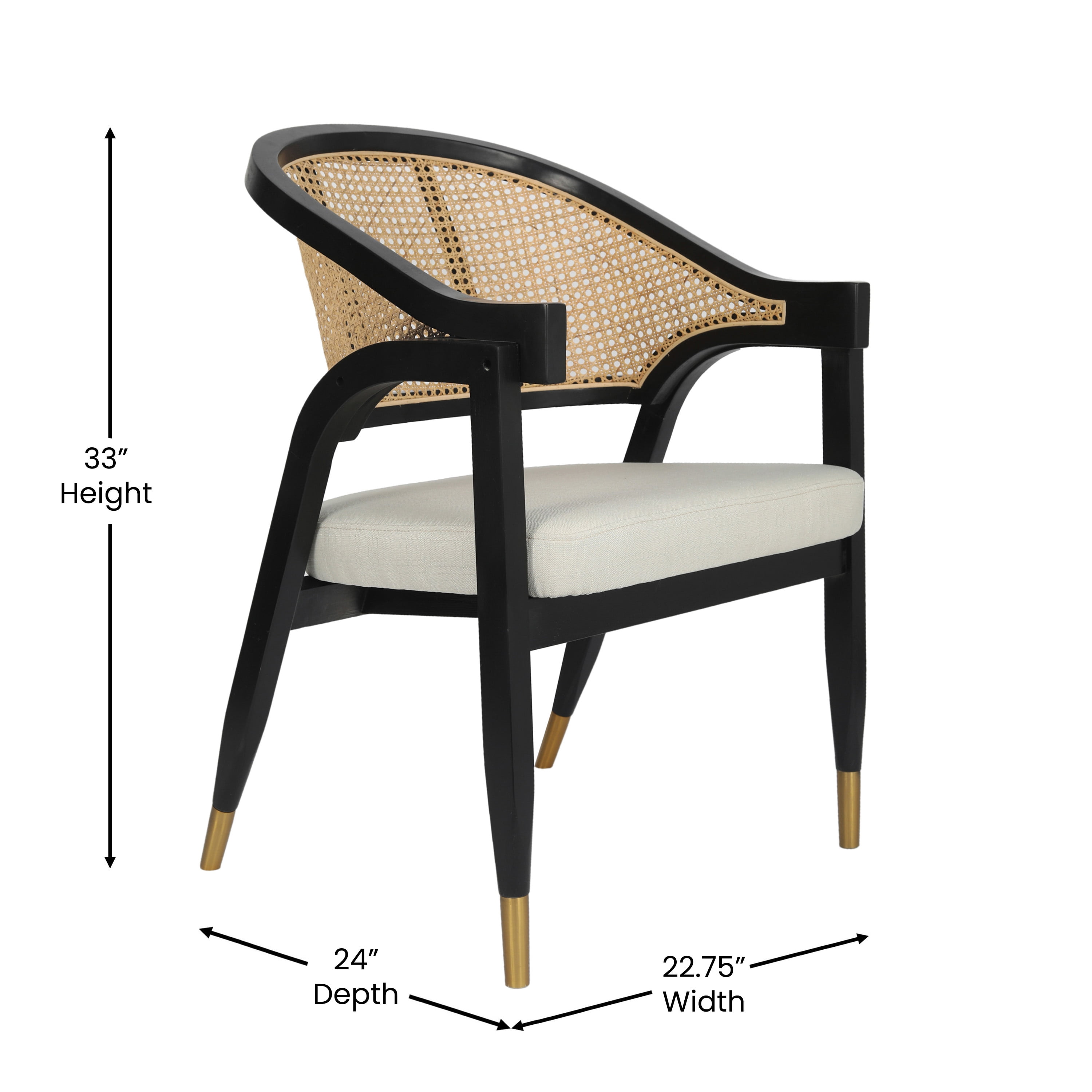 Emma + Oliver Cane Rattan Dining or Accent Chair with Black Solid Wood Frame, Natural Woven Backrest and Beige Cushioned Seat