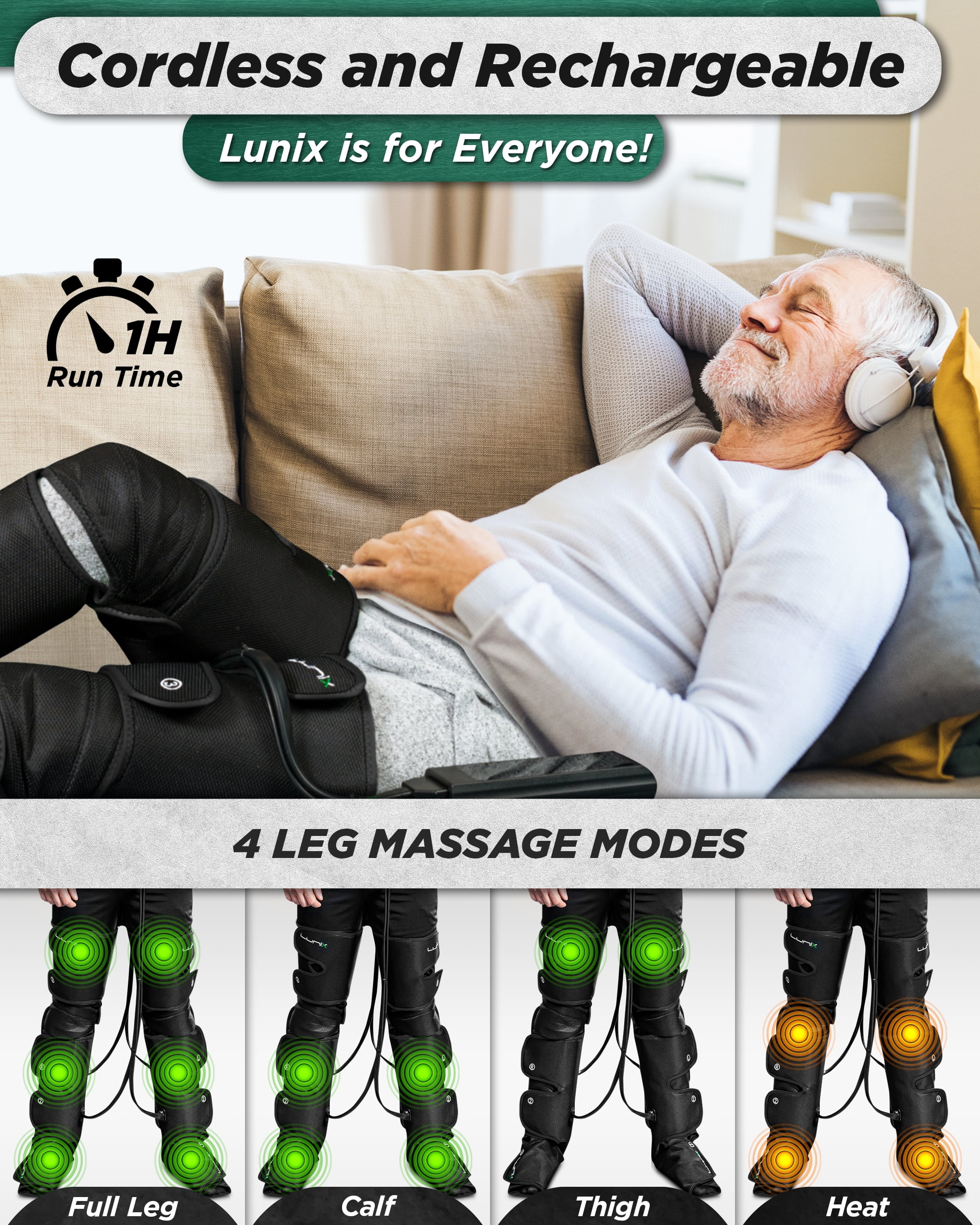 Lunix LX10 Full Leg Massager with Heat & Air Compression, Foot, Calf & Thigh Massage Boots, Adjustable Fit with Controller, Charcoal Black