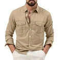 thumbnail image 2 of Mens Solid Cargo Button Down Shirt, Lapel Long Sleeve Double Chest Pocket Shirts, Soft Cotton Fabric for Business Daily Wear and Casual Outfits Khaki XXXXL, 2 of 7