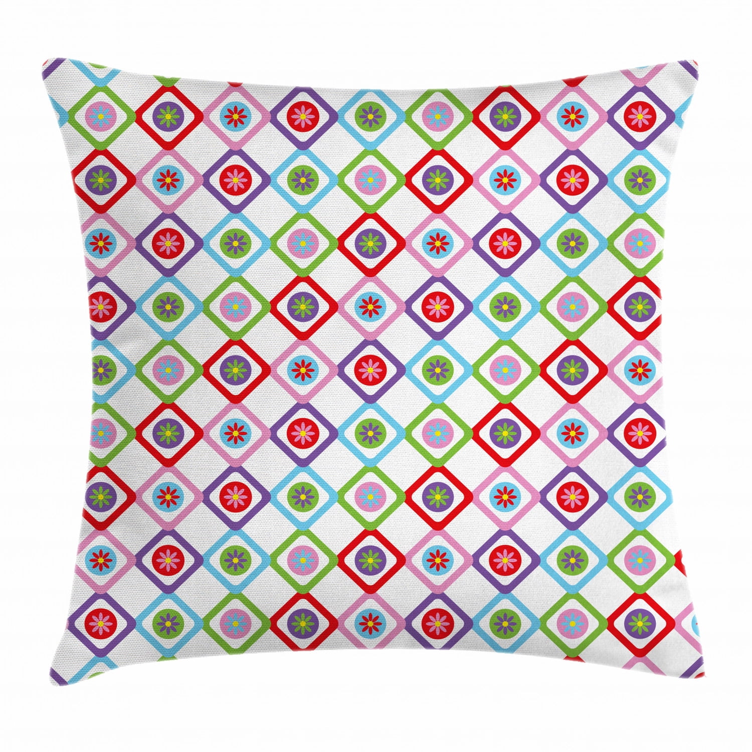 Floral Throw Pillow Cushion Cover, Abstract Squares with Flowers Spring Summer Blooms Nature