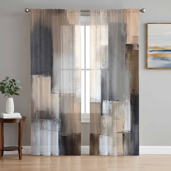 Grey Brown Abstract Sheer Curtains 72 Inch Length 2 Panels Set, Oil Painting Color Blocks Voile Window Treatment Rod Pocket Curtains Sheers Drapes for Bedroom/Living Room/Kitchen 52"x72"x2
