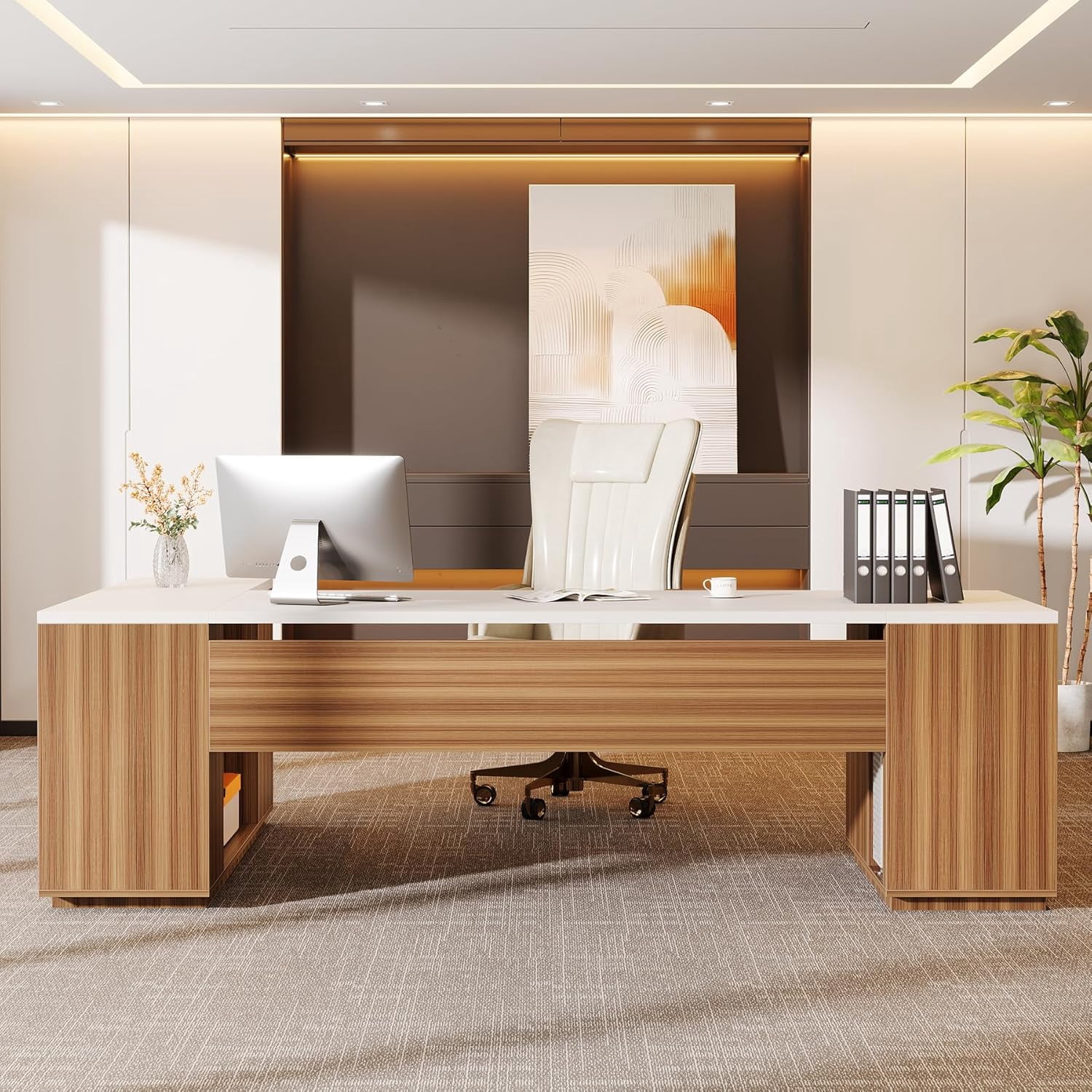 Tribesigns 85.8-Inch L-Shaped Executive Desk, Extra Large Modern Office Desk with File Drawers, Door Cabinet & Shelves, White & Brown
