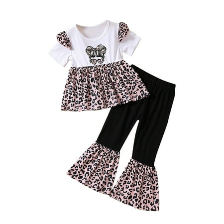 

Toddler Outfits Sets For Teens Girls Short Sleeves Leopard Glasses Top Prints Bell Bottom Pants Flared Girls Kids Clothes Suit