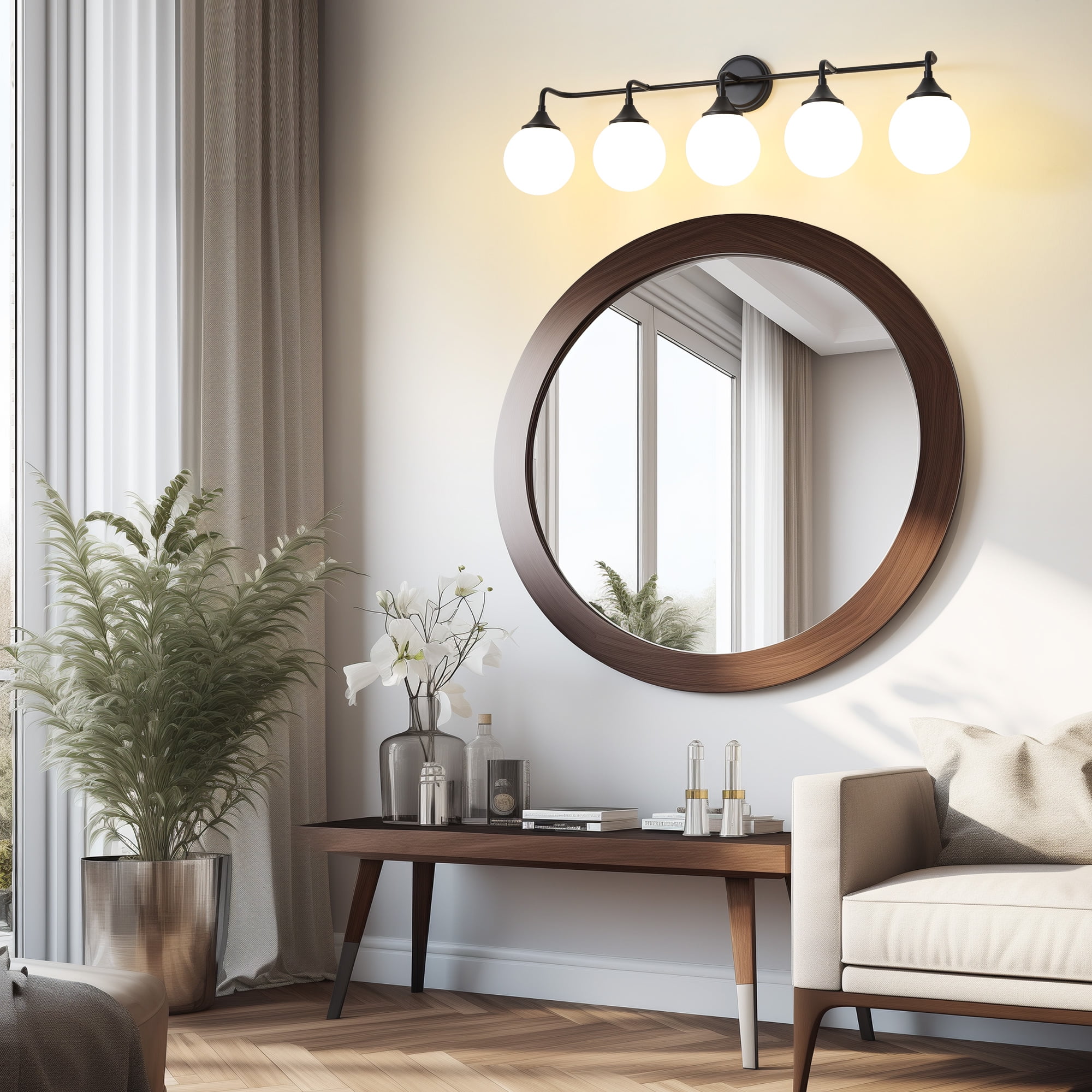 Deyidn 5-Light Black Modern Vanity Light, 39 Inch Dimmable Bathroom Light Fixture with Opal Glass Globes for Mirror
