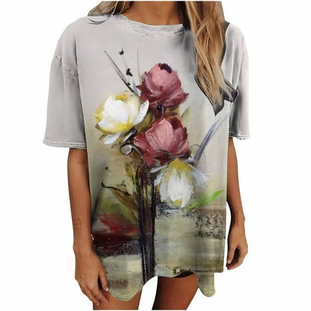 

Womens Oversized Shirts Print T-Shirt Floral Painting Graphic Vintage Tee Loose Baggy Tunic Short Sleeve Faith Top
