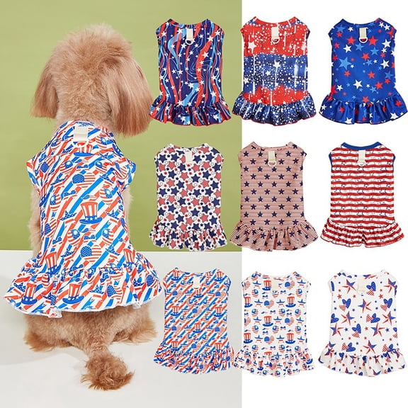 Dmlowu 4th of July Patriotic Dog Dress, Red White Blue Star Pattern Dog Clothes, Breathable Summer Party Outfit for Pets (5.5-8.8 lbs), 4th of July Decorations