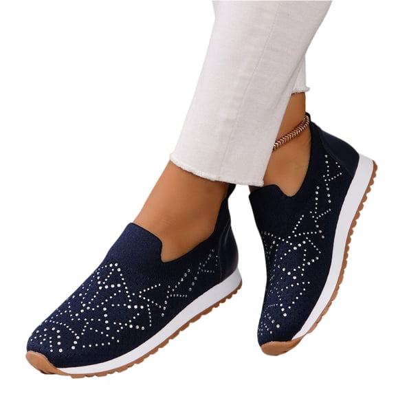Domuza Women's Mesh Walking Shoes Mesh Breathable Lightweight Gum Sole Sneakers Rhinestone Glitter 2026 Slip-On Sock Sneakers Navy 8.5（EU-41）