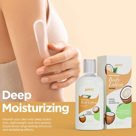 APPTI Coconut Scent Moisturizing Body Lotion with Hyaluronic Acid Collagen Vitamin E, 24H Long Lasting Dry Skin Repair Lotion, Travel Size 100g Daily Full Body Hydrating Cream