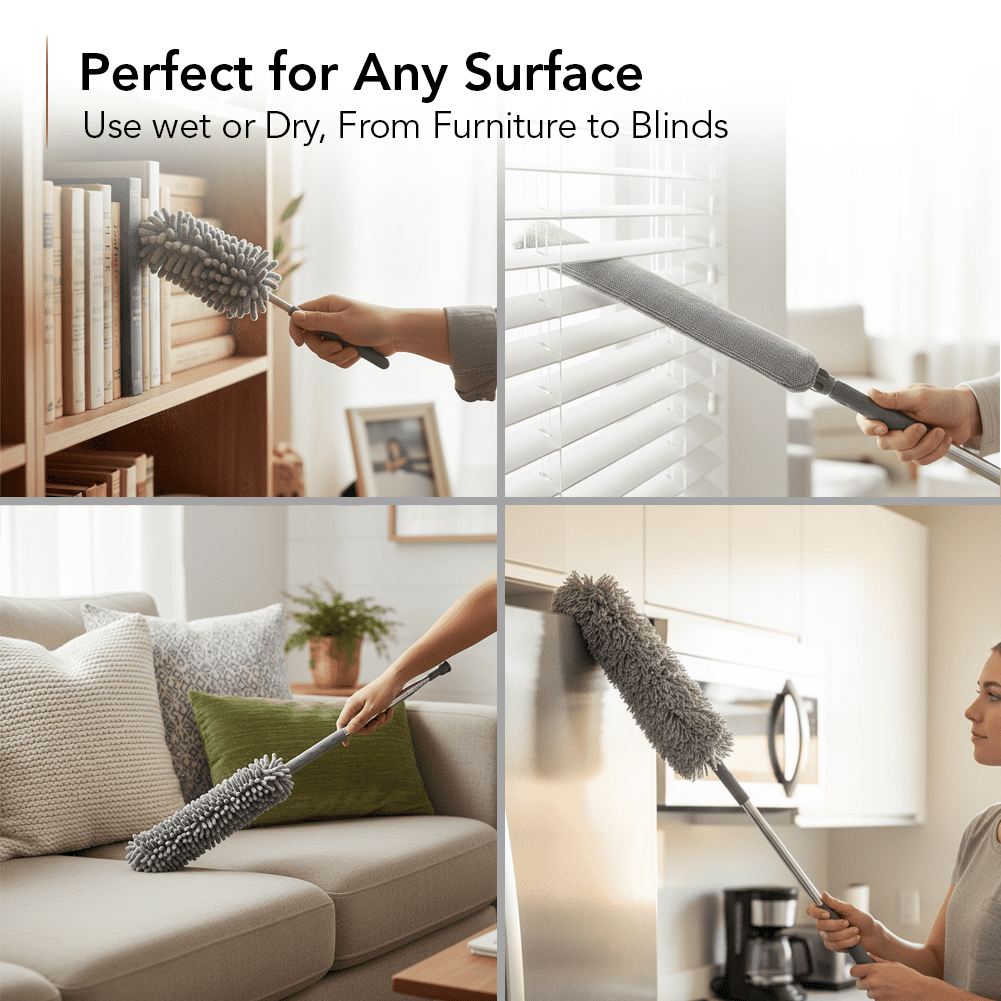 OVENTE Microfiber Duster Cleaning Set with Stainless Steel Extension Pole Up to 96", Washable, Reusable and Bendable Dusters for High Ceiling Fans, Blinds, Furniture, Cobweb and Cars, Grey CTD1526GY