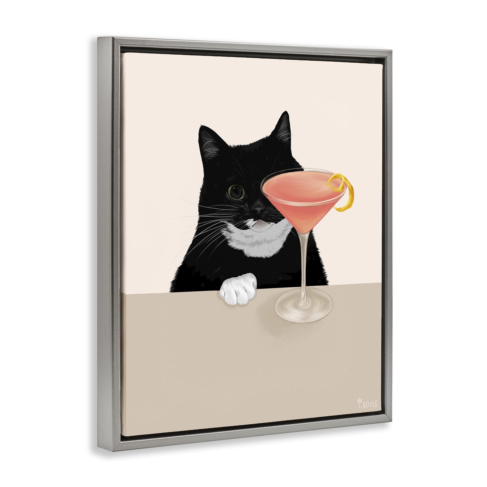 Stupell Industries Cat & Pink Cocktail Food & Beverage Painting Gray Floater Framed Art Print Wall Art, 25 x 31