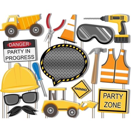Construction Truck Photo Booth Props Kit – 20-Piece Set – Cardstock Props With Wooden Dowels – Perfect For Birthday & Baby Shower Parties