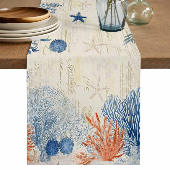 Orange Navy Blue Coral Table Runner 72 Inches, Summer Beach Coastal Retro Bed Runner Dresser Scarves Tabletop for Indoor Outdoor Parties/Ceremony/Banquet, 16" x 72"