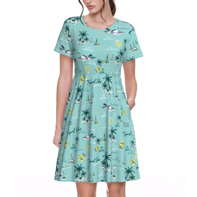 Bixox Robe d'Été à Manches Courtes pour Femmes Robe Ample Longueur Genou avec Poches-Style Hawaïen