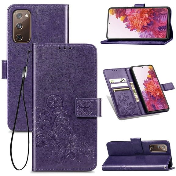 Galaxy S20 FE 5G Case, S20 FE Case, Allytech Premium PU Leather Floral Embossed Hand Wrist Wireless Charging Magnetic Clasp Book Style Cards Holder Wallet Case for Samsung Galaxy S20 FE, Purple