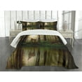 thumbnail image 3 of Ambesonne Forest Quilted Bedspread Set 3 Pcs, Deer Foggy Lake, Queen Size, Fern Green Brown Cocoa, 3 of 5