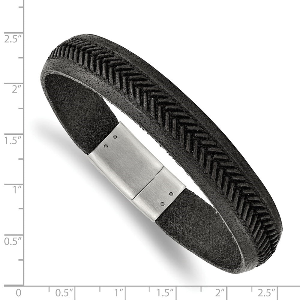 Diamond2Deal Stainless Steel Polished Textured Black Italian Leather Bracelet for Men 8.75"