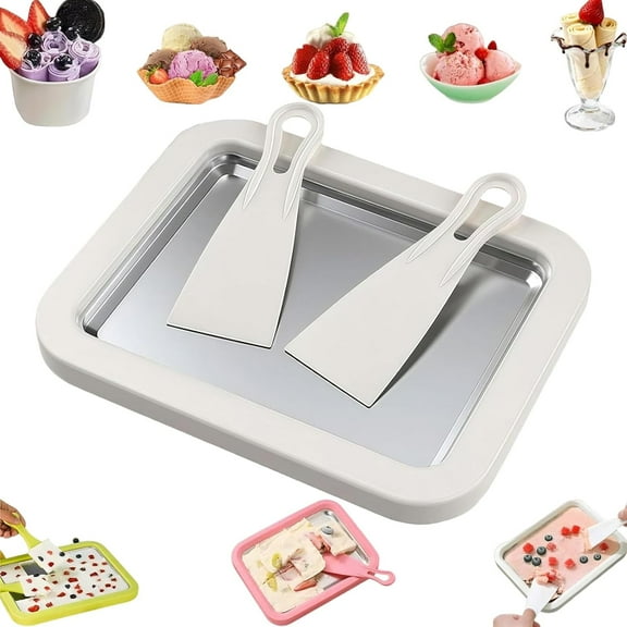 2026 At-Home Rolled Ice Cream Maker Kit, Rolled Ice Cream Tray, Portable Instant Rolled Icecream Maker Machine Tray, Instant Freeze Plate with 2 Scrapers, for Yogurt Sorbet (White)