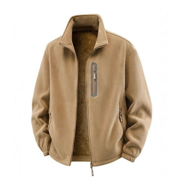 Men's Fleece Lined Jacket Warm Full Zip Up Thick Jacket Soft Outwear Mountaineering Windproof Coat With Zipper Pocket (XL, Khaki)