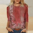 thumbnail image 2 of T-Shirt pour Femmes Hauts Habillés Manches 3/4 Col Rond T-Shirts Imprimé Floral Blouses Amples Chemises Décontractées Femmes Rouge TTG, 2 of 4