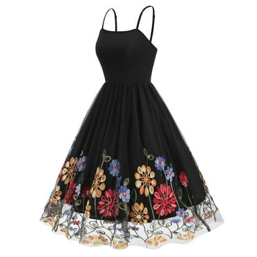 RYDCOT Women's Spaghetti Strap Floral Embroidered Dress for Women Embroidery Rose Dress Sleeveless Tulle Prom Cocktail Party Dress