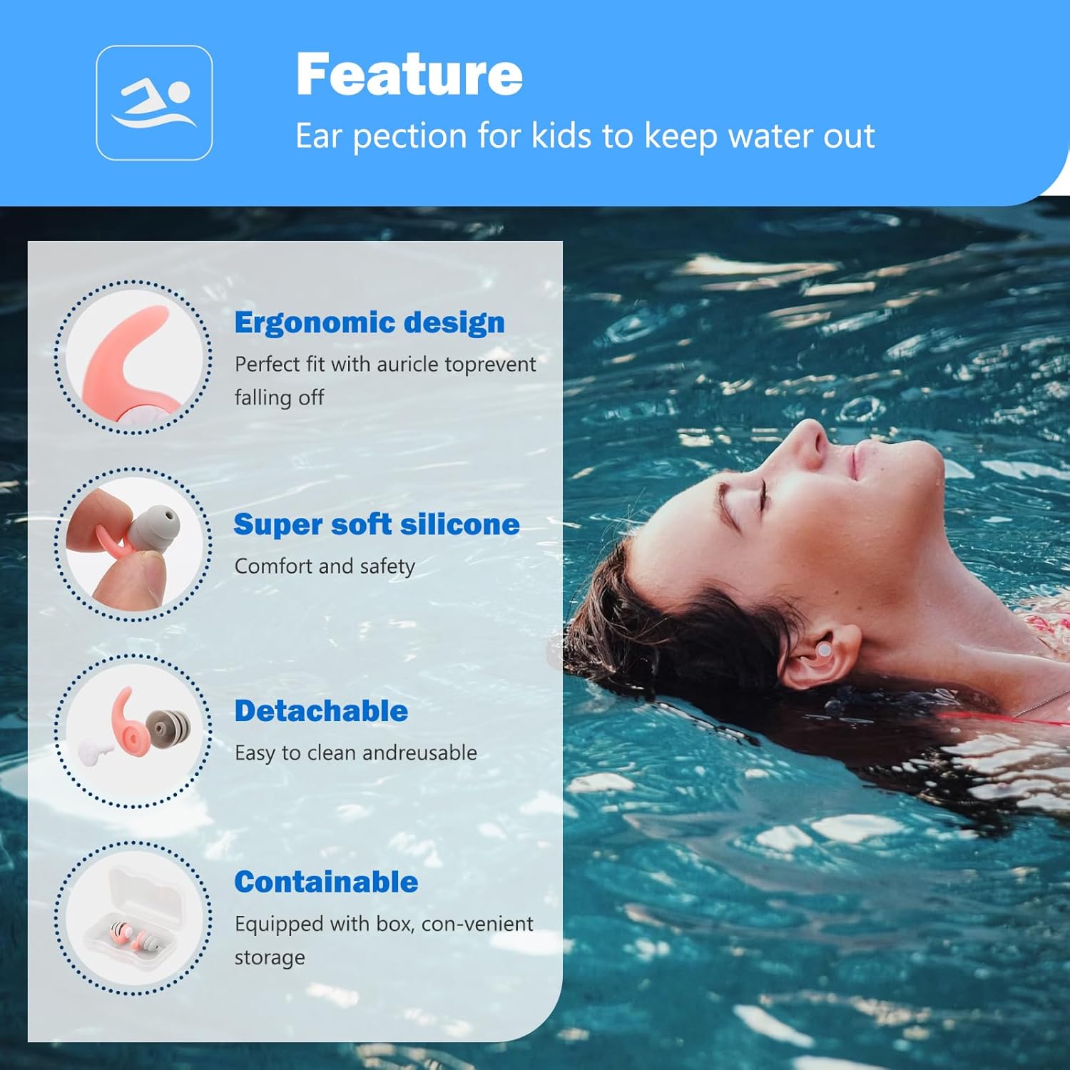 Swimming Ear Plugs for Adults,3 Pairs Waterproof Silicone Reusable Swim Earplugs for Swimming Surfing Diving Showering, Recommended for 14 Years Olds up