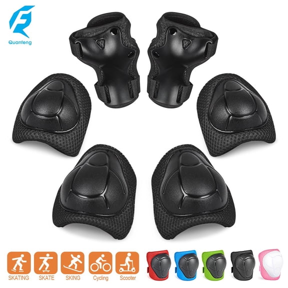 QUANFENG QF 6 Pieces Kids Protective Gear Set, Knee Pads and Elbow Pads with Wrist Guards Sets for Skating, Skateboard, Cycling (Black)