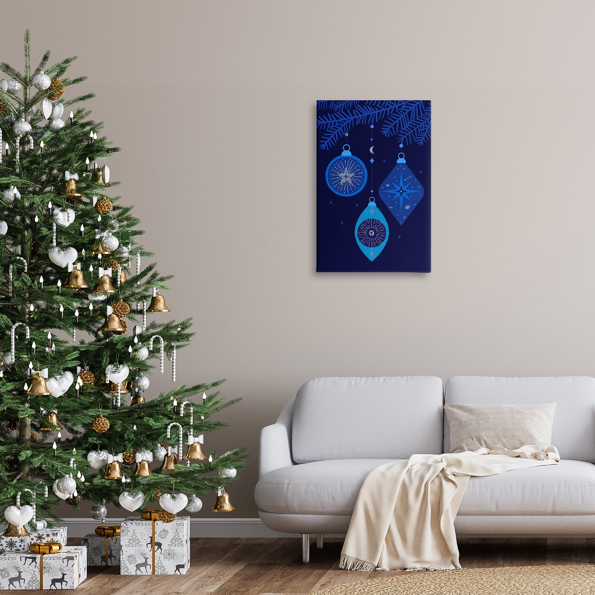 Stupell Industries Blue Hanging Ornaments Holiday Painting Gallery Wrapped Canvas Art Print Wall Art, 20 x 30