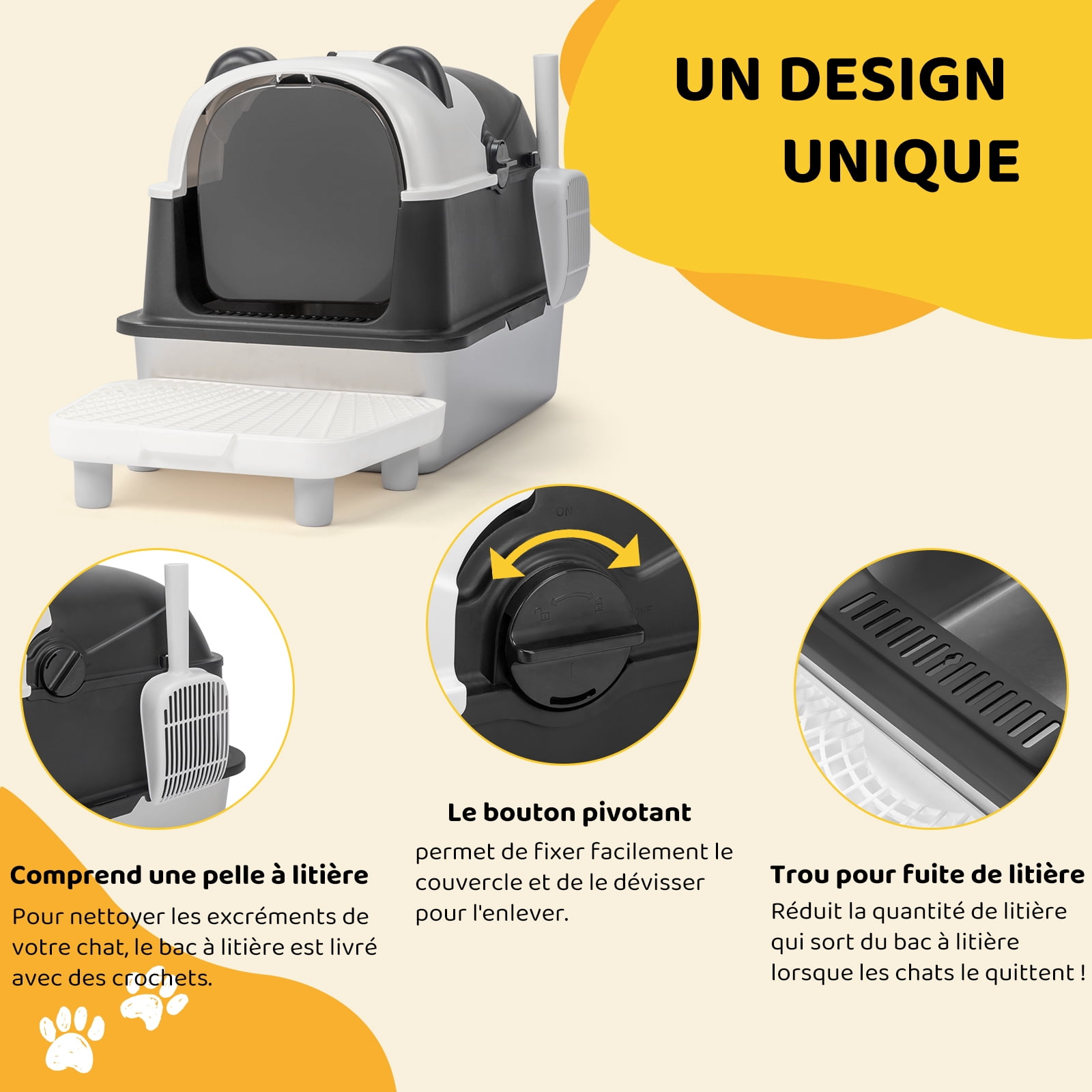 Ktaxon Large Panda Cat Litter Box 60x40x46cm with Stainless Steel Top, ABS Scoop & Mat, Snap Assembly, Black White