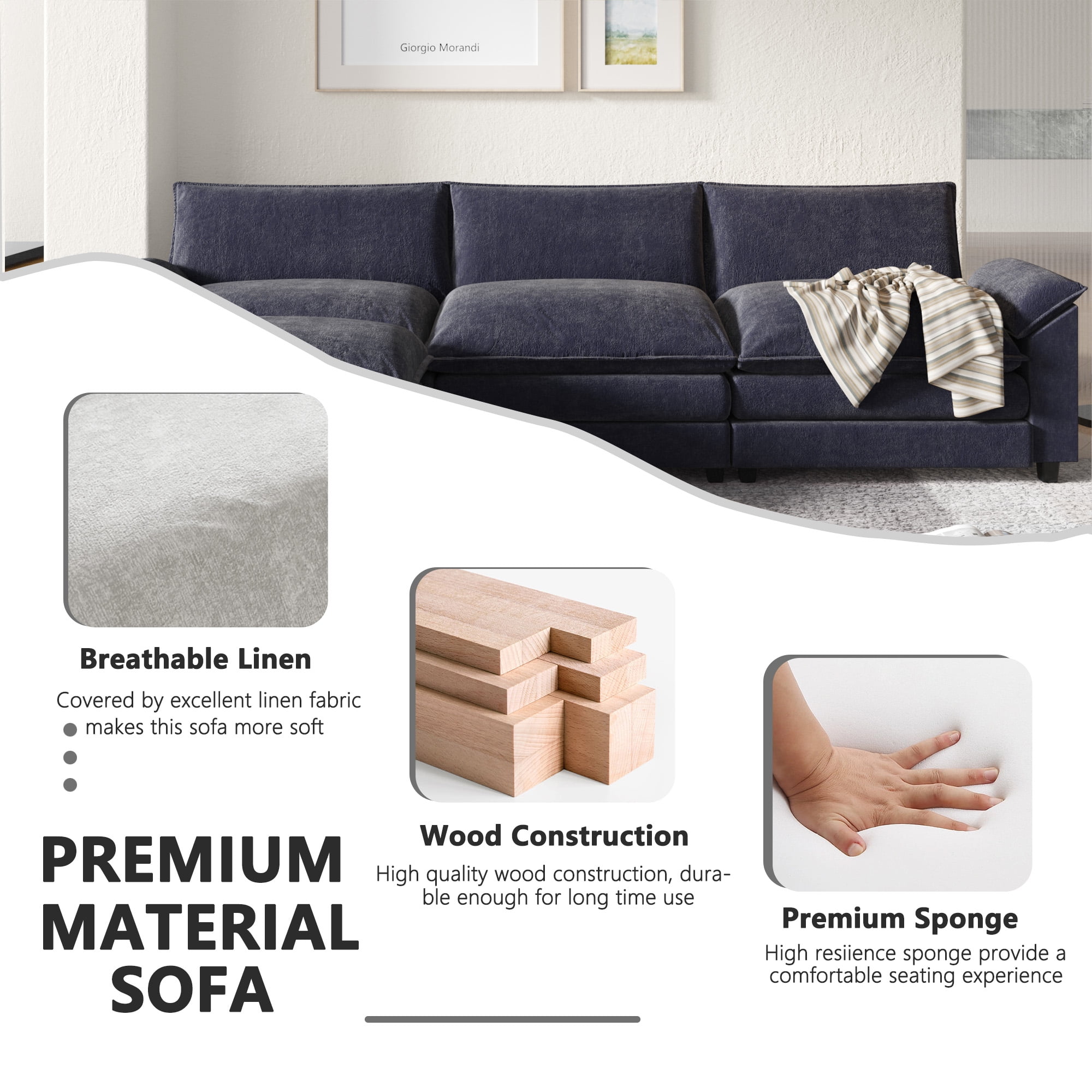 Furmax 3-Seat Sectional Sofa with Ottoman, Blue
