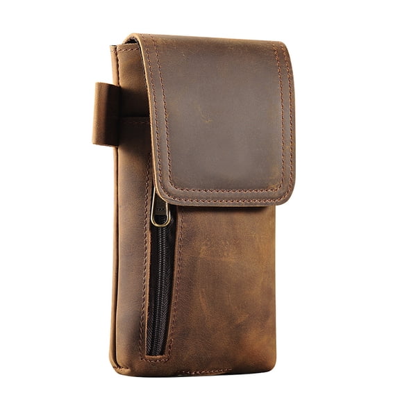 Genuine Leather 7.48”x4.33” Phone Holster Pouch with Belt Clip, Magnetic Closure, ID Card Holder - Brown Universal Case