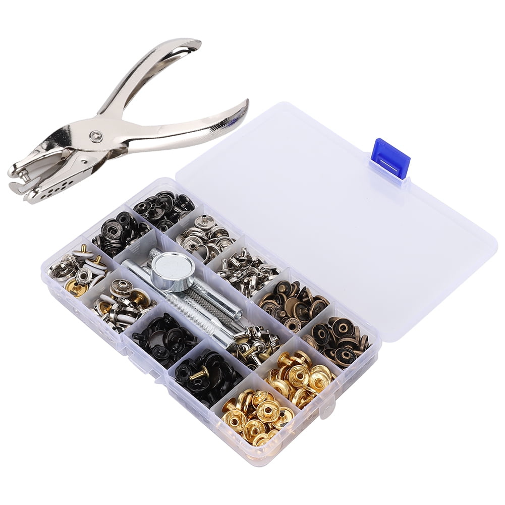 Rivet Snap Fastener Kit, 140 Set Rivet Buttons Press Studs Rapid Button Brass Metal Buttons Snap Fastener Kit with Installation Tools Punch Pliers 12.5mm for Clothes Jeans
