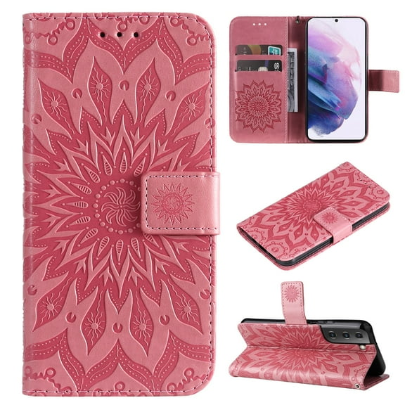 Elepower for Galaxy S23 Case with Card Holder, Embossed Magnetic Wallet Soft TPU PU Leather Cover with Practical Bracket Detachable Hand Strap Shockproof Protective Shell, Pink