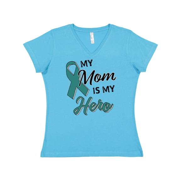 Inktastic My Mom is My Hero- Ovarian Cancer Awareness Women's V-Neck T-Shirt