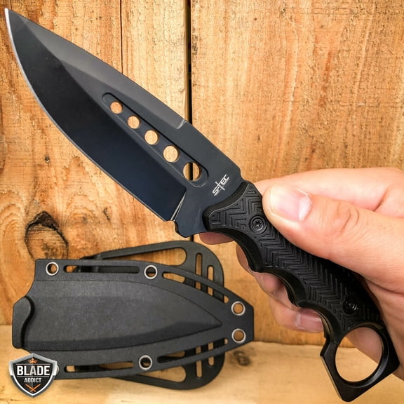 8.5" Fixed Blade BLACK Hunting Knife with Paddle ABS Belt Loop Holster Sheath