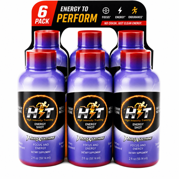HIT Energy Shot, Caffeine Free Paraxanthine 225mg, Sugar Free Strawberry Focus and Energy Supplement with B12, 2 fl oz, 6 Pack