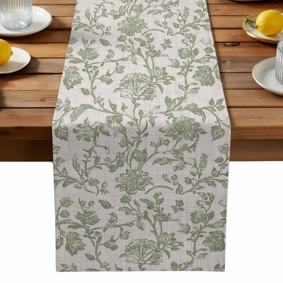 Farmhouse Sage Green Cotton Linen Table Runner for Dining Kitchen, Vintage Flower Leaf Botanical Wedding Outdoor Party Tablerunners Decoration, Dresser Scarf Coffee Tablecloth Runners 13x72 Inches