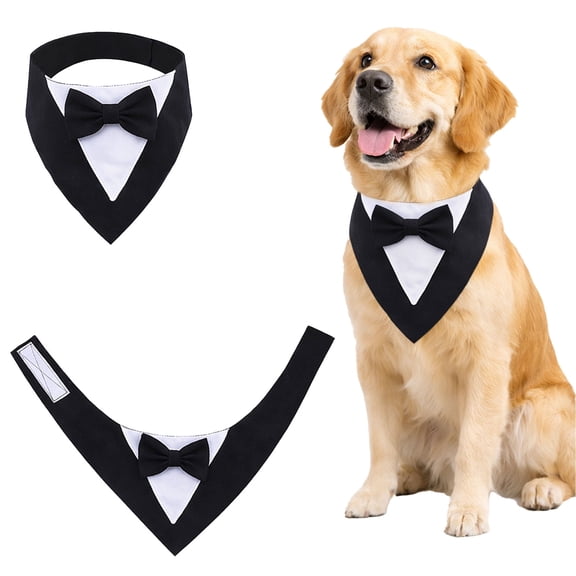 Wedding Bandana with Bow Tie for Dog, British Tuxedo Style Black Pet Triangle Scarf, Adjustable Formal Costume for Ceremony, Party, Photo Shoot, Small Medium Large Breed(Medium: Neck 13-23inches)