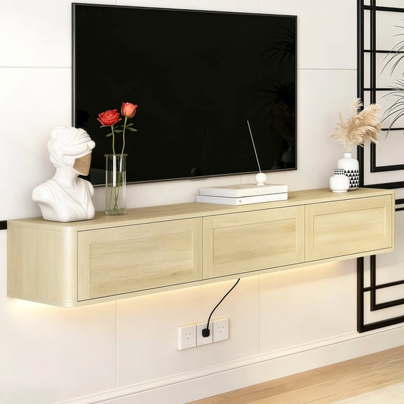 HIUU 68" Oak TV Stands for Living Room,Wall Unit Entertainment Center with 3 Drawers,Modern Media Console with Led Lights and Power Outlet,Wood Television Stands for Living Room