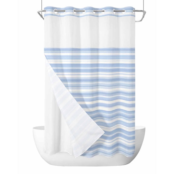 No Hook Cloth Fabric Shower Curtain with Snap in Liner, Blue Striped Waterproof Shower Curtains Set with See Through Top Window, Farmhouse Stripe Modern Abstract Art Bath Curtains Shower 36"x72"