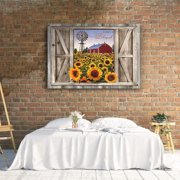 Sunflower Wall Art Canvas Print Rustic Wall Decor Sunflower Field Red Barn And Windmill Painting Framed Modern Artwork for Living Room Bedroom Bathroom Office Home Decor 12x16 In