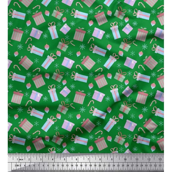 Soimoi Green Poly Georgette Fabric Candy Stick,Gift Box & Oranament Christmas Decor Fabric Printed Yard 42 Inch Wide