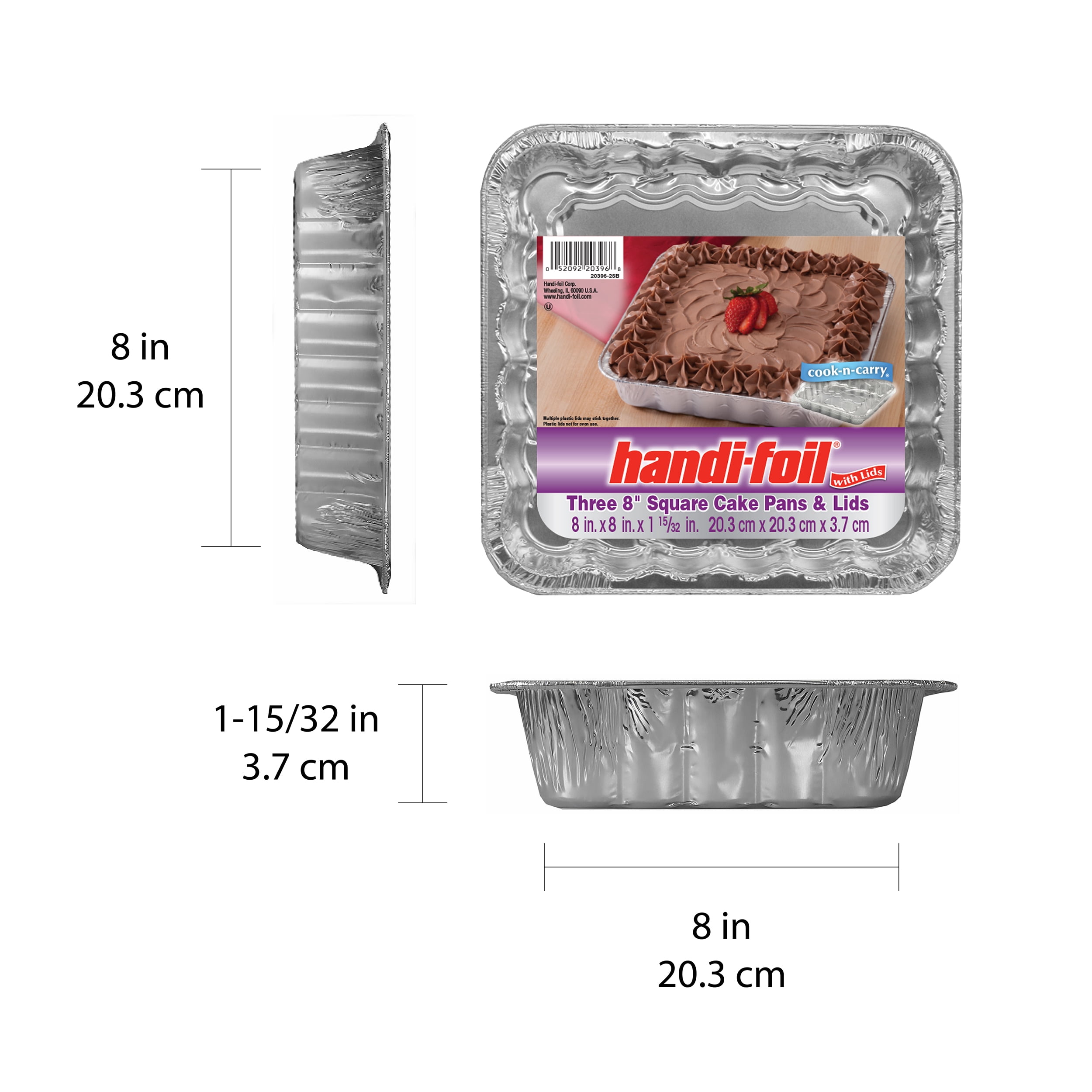 (3 pack) Handi-Foil 8" Aluminum Square Cake Pans with Lids, 3 Count