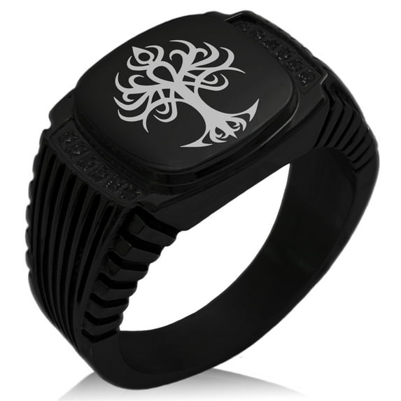 Stainless Steel Tribal Tree of Life CZ Ribbed Needle Stripe Pattern Biker Style Polished Ring