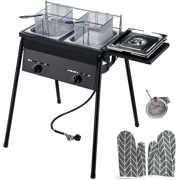 Propane Deep Fryer with 2 Stainless Baskets and Steel Oil Tank Countertop Gas Fryer Adjustable Temperature Regulator Double Burners Commercial Fryer for Restaurant And Home Snack Bars Black