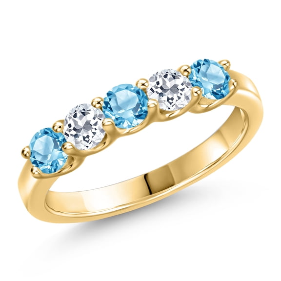 Gem Stone King 10K Yellow Gold Swiss Blue Topaz and White Topaz Wedding-Bands Ring for Women | 1.03 Cttw | Round 3.5MM | Gemstone November Birthstone | Size 5